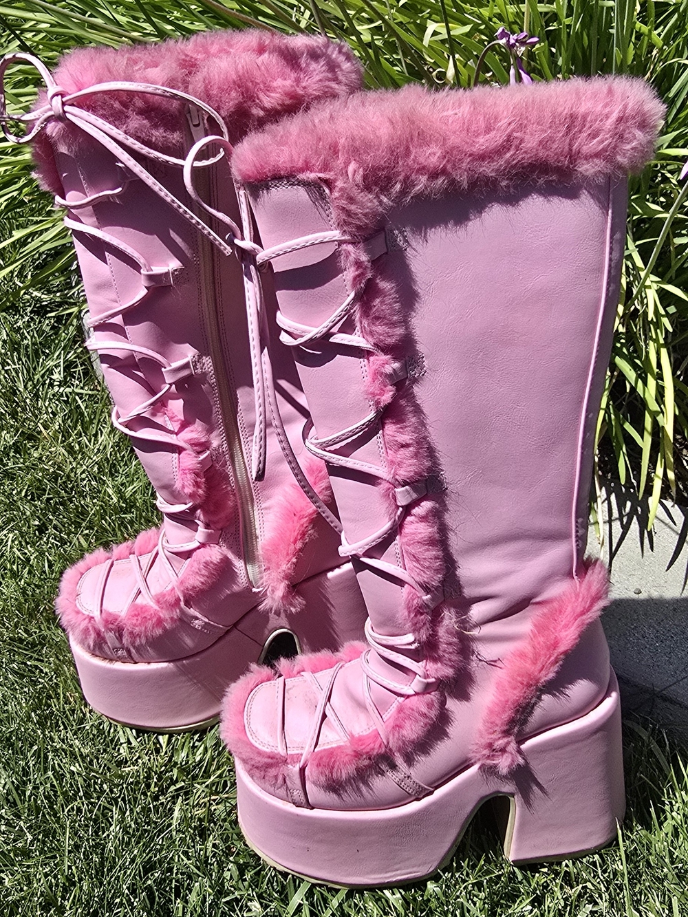 Demonias Pink Faux-Fur Platform Knee Boots